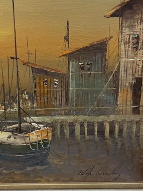 Vintage Mid Century Harbor Seascape Oil Painting Signed K. Paul Sunset Nautical